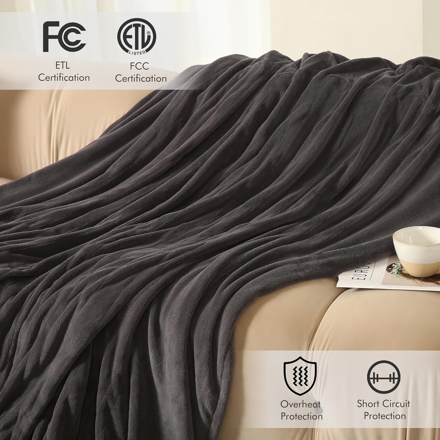 Full Size Electric Blanket 72"x84" Dark Gray K73609