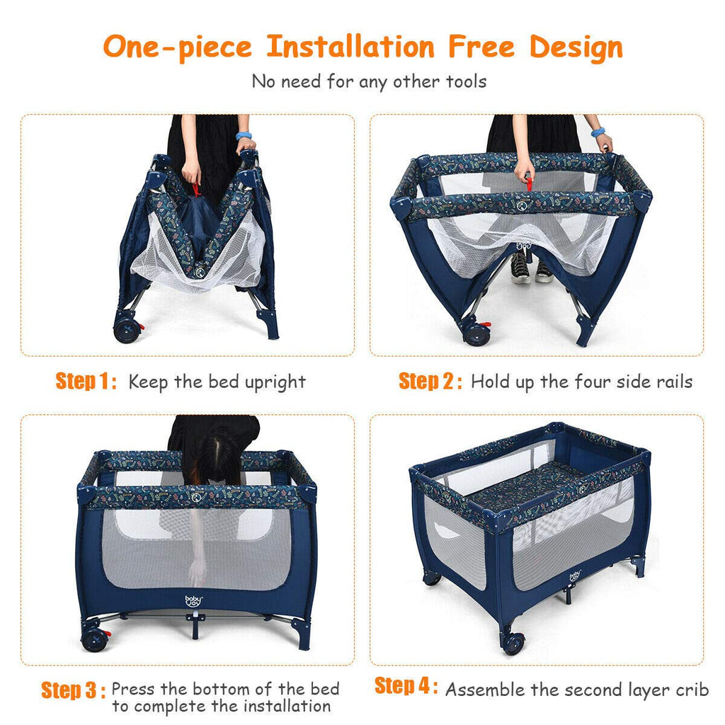 Blue Foldable Baby Playard with Bassinet and Carry Bag B737