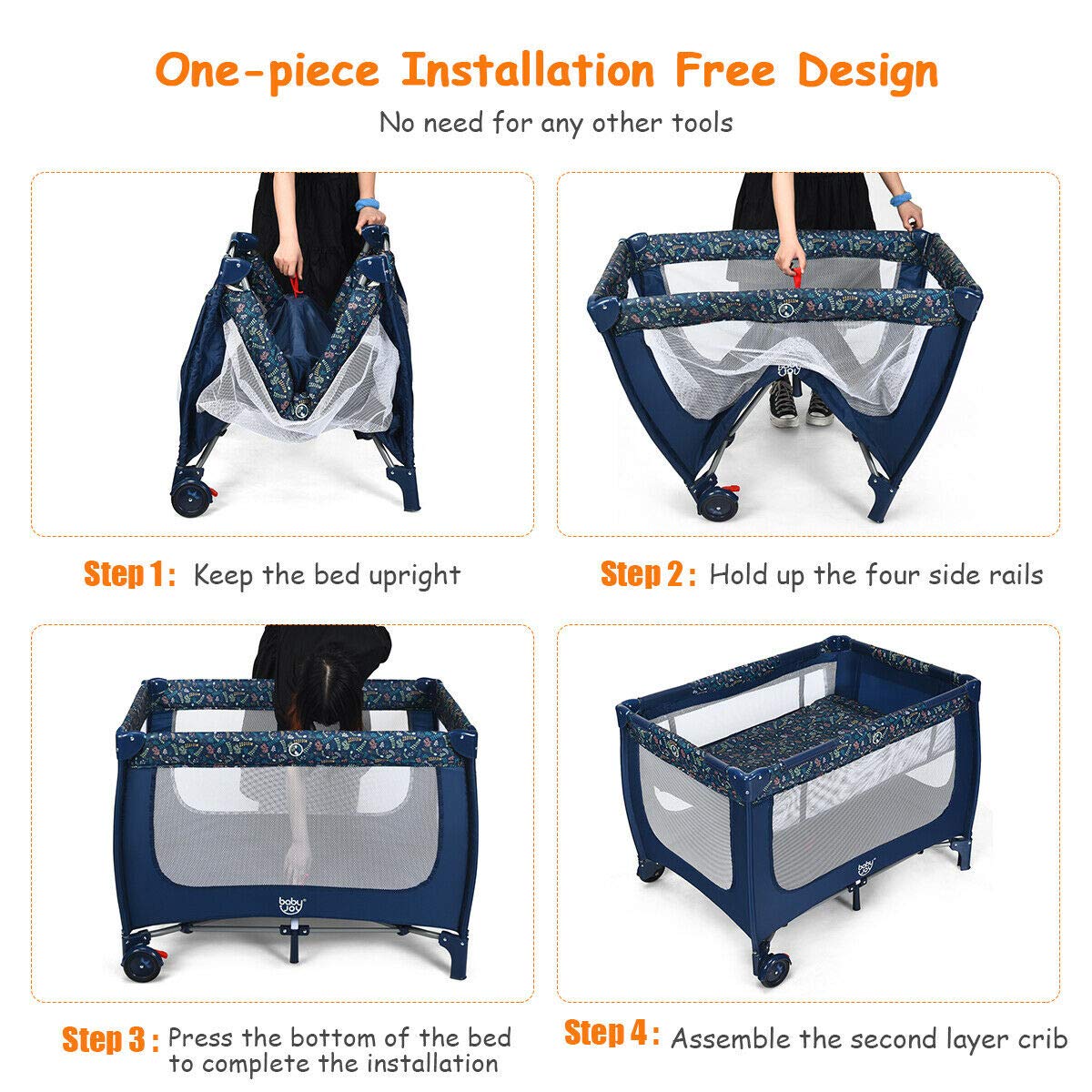 Blue Foldable Baby Playard with Bassinet and Carry Bag B737