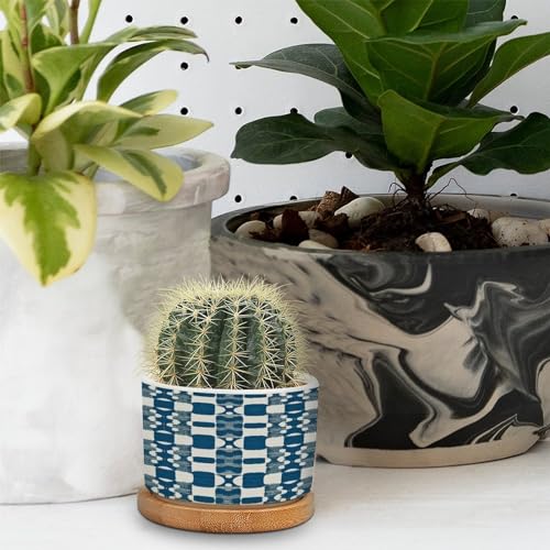 Blue and White Ceramic Planters with Drainage Holes and Saucers F58361