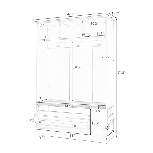 White 39.4 Inch Hall Tree with Storage Bench and 6 Hooks Q785215