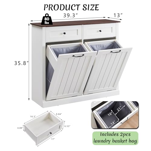 White 10 Gallon Tilt Out Laundry Hamper Cabinet with Drawer P8701