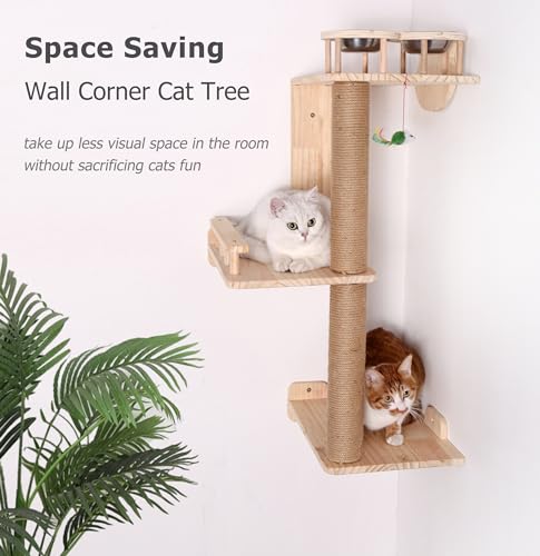 3 Levels 36" Wood Cat Wall Shelf with Feeder P78764