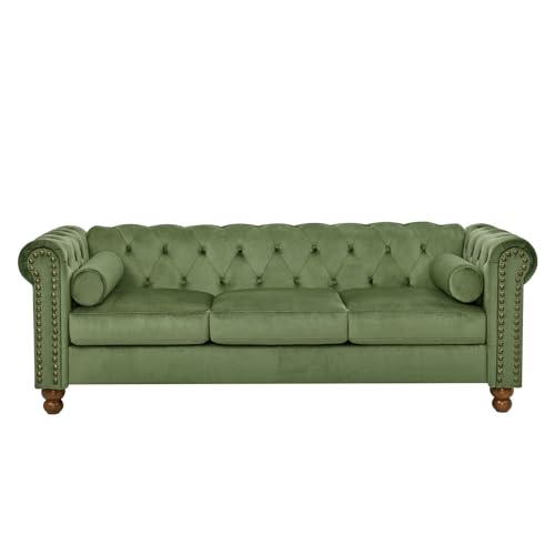 Green Velvet 3 Seater Sofa with 2 Pillows Y65780