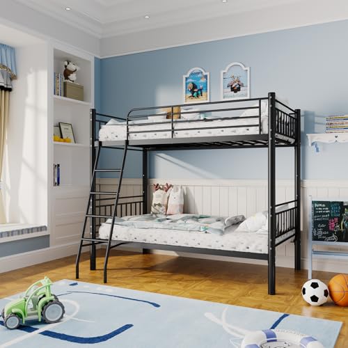 Black Metal Twin Over Twin Bunk Bed with Ladder and Guardrail S9004