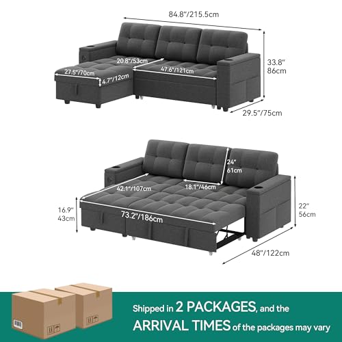 Dark Gray L-Shaped Sectional Sofa Bed with Pull Out Bed L4304