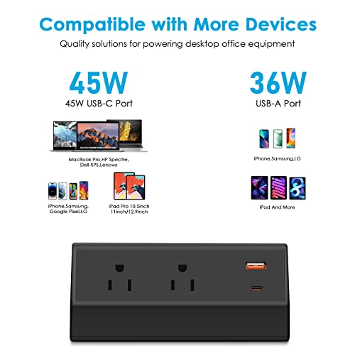 Black 6FT Surge Protector Desk Power Strip with USB C H61248