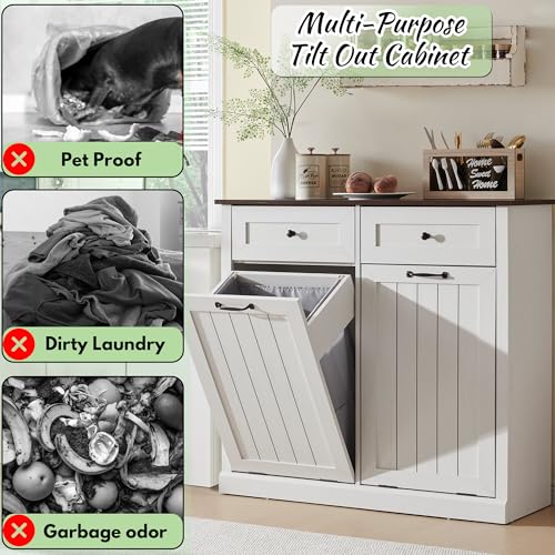 White 10 Gallon Tilt Out Laundry Hamper Cabinet with Drawer P8701