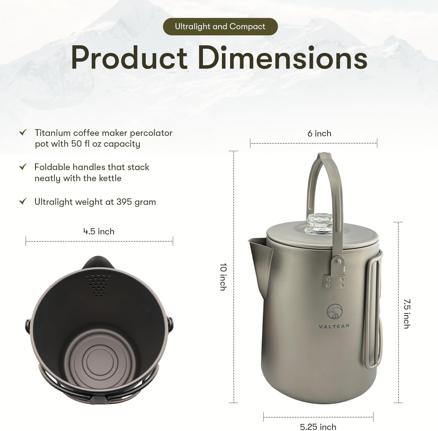 Titanium Percolator Coffee Maker Pot 1.5L 50 fl oz 6 Cup Capacity Glass Knob B822328