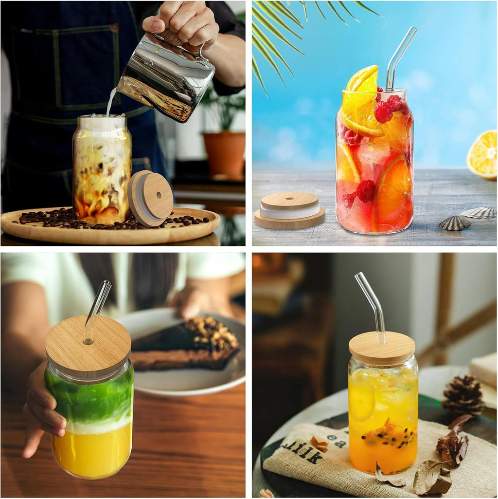 9pcs 16 oz Drinking Glasses with Bamboo Lids and Glass Straw X3799