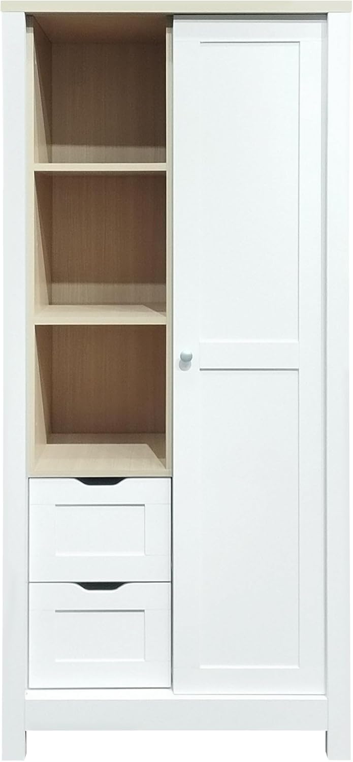White Freestanding Wooden Wardrobe with 1 Sliding Door and 2 Drawers S1154