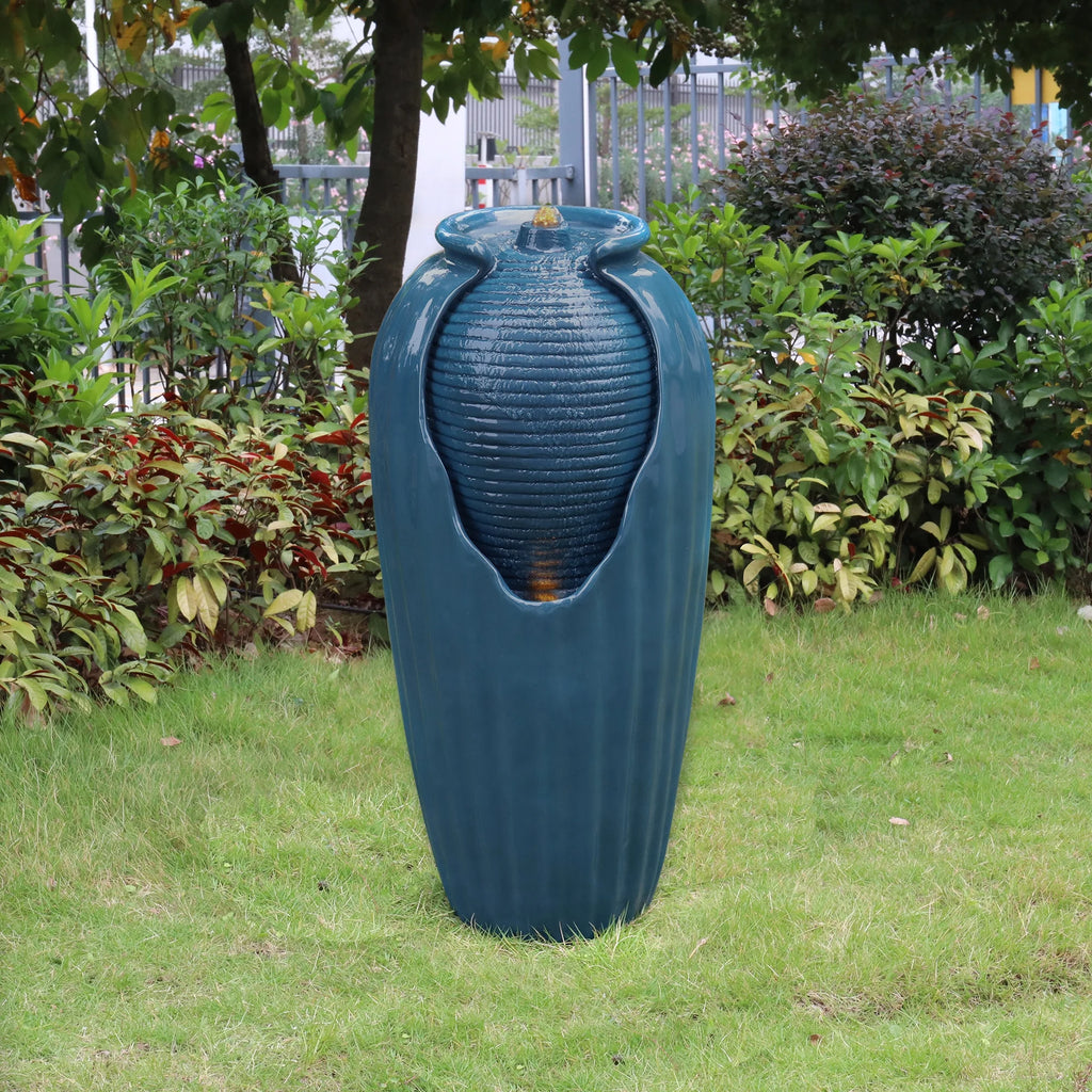 Blue Glazed Contoured Vase Water Fountain with LED Lights U500