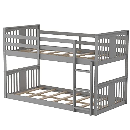 White Twin Over Twin Low Wooden Bunk Bed with Ladder H67796