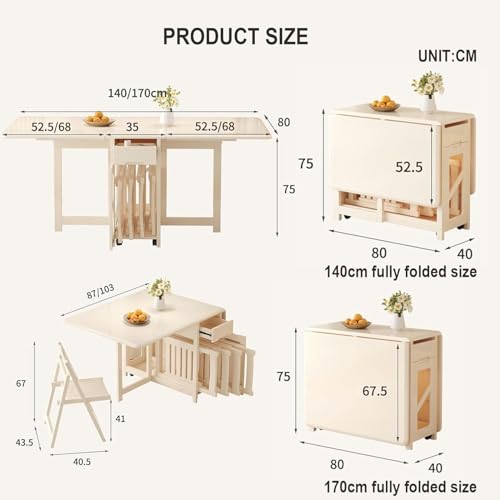 White Folding Dining Table with 4 Brake Wheels, Drawers, Storage Cabinet, 140CM Y375810