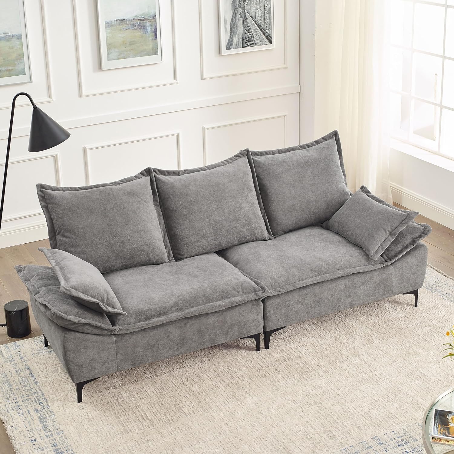 Grey Dutch Velvet 3-Seater Sofa with 2 Pillows Z13896