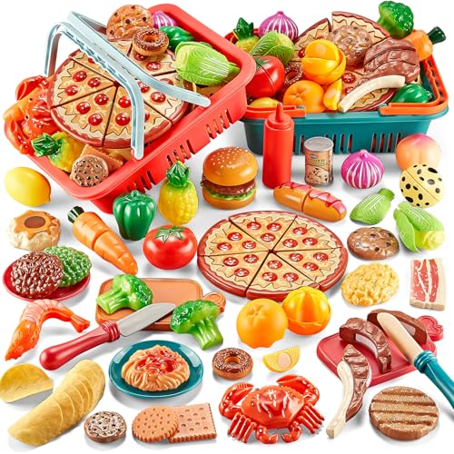 80PC Pretend Food with 2 Kids Picnic Basket, Plastic Food Cutting Toys F5904