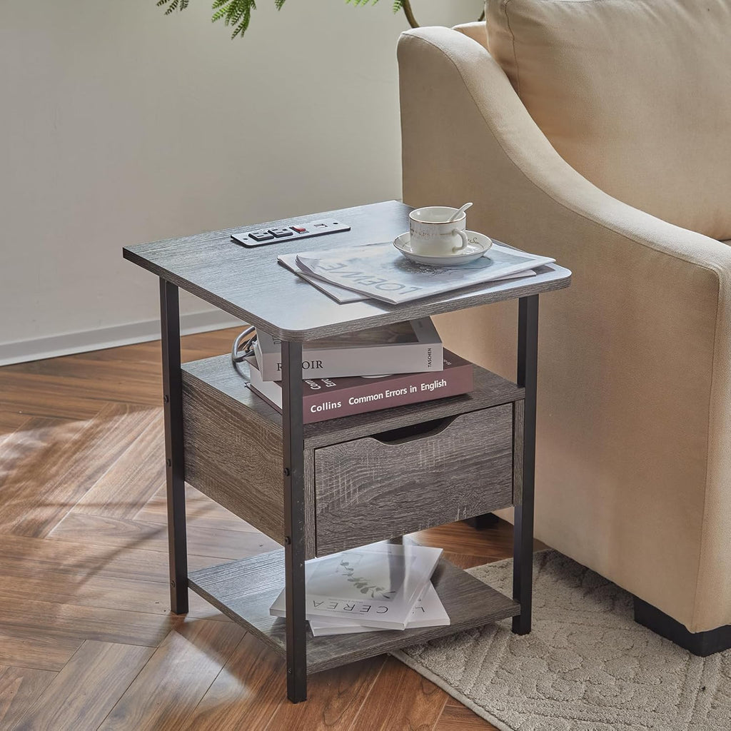Grey Set of 2 Nightstand with Drawer and Charging Station V509