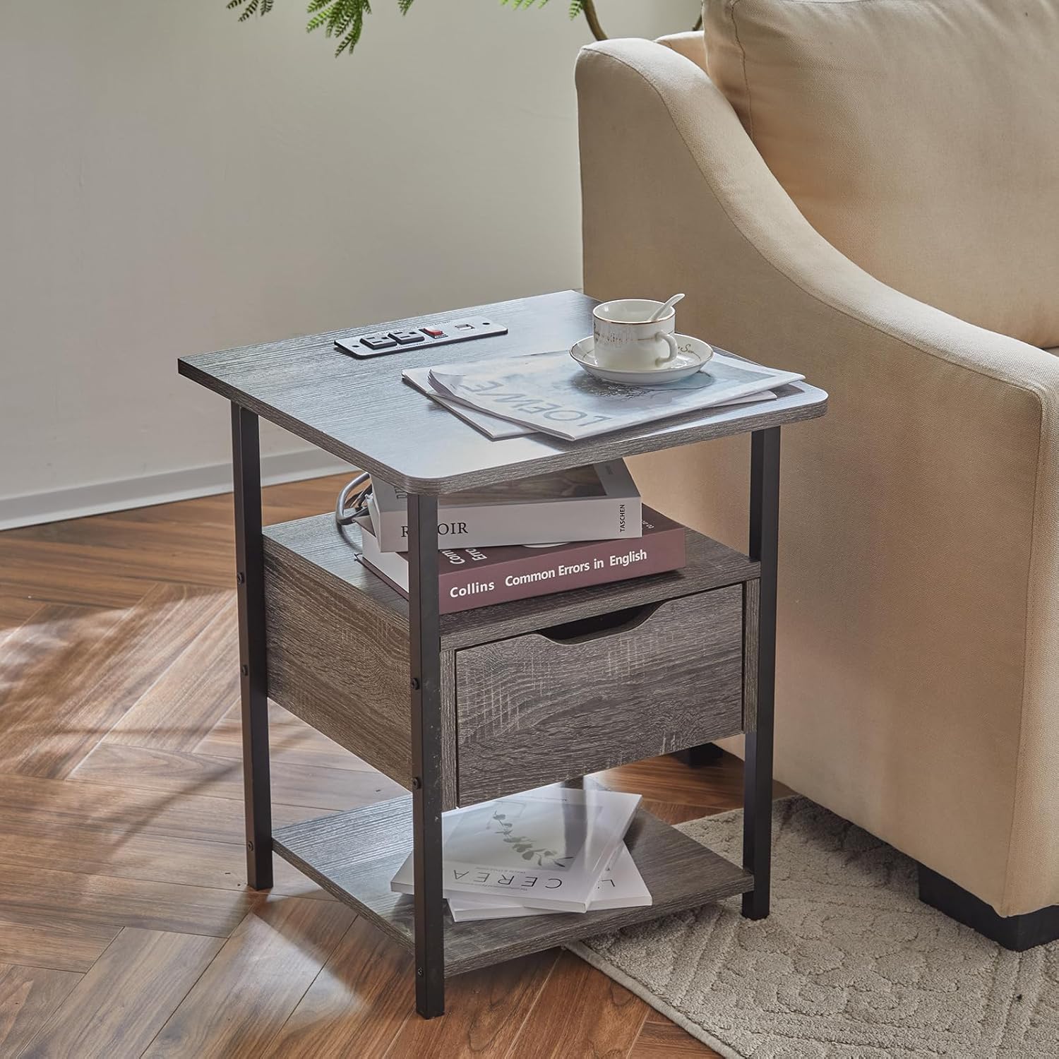 Grey Set of 2 Nightstand with Drawer and Charging Station V509