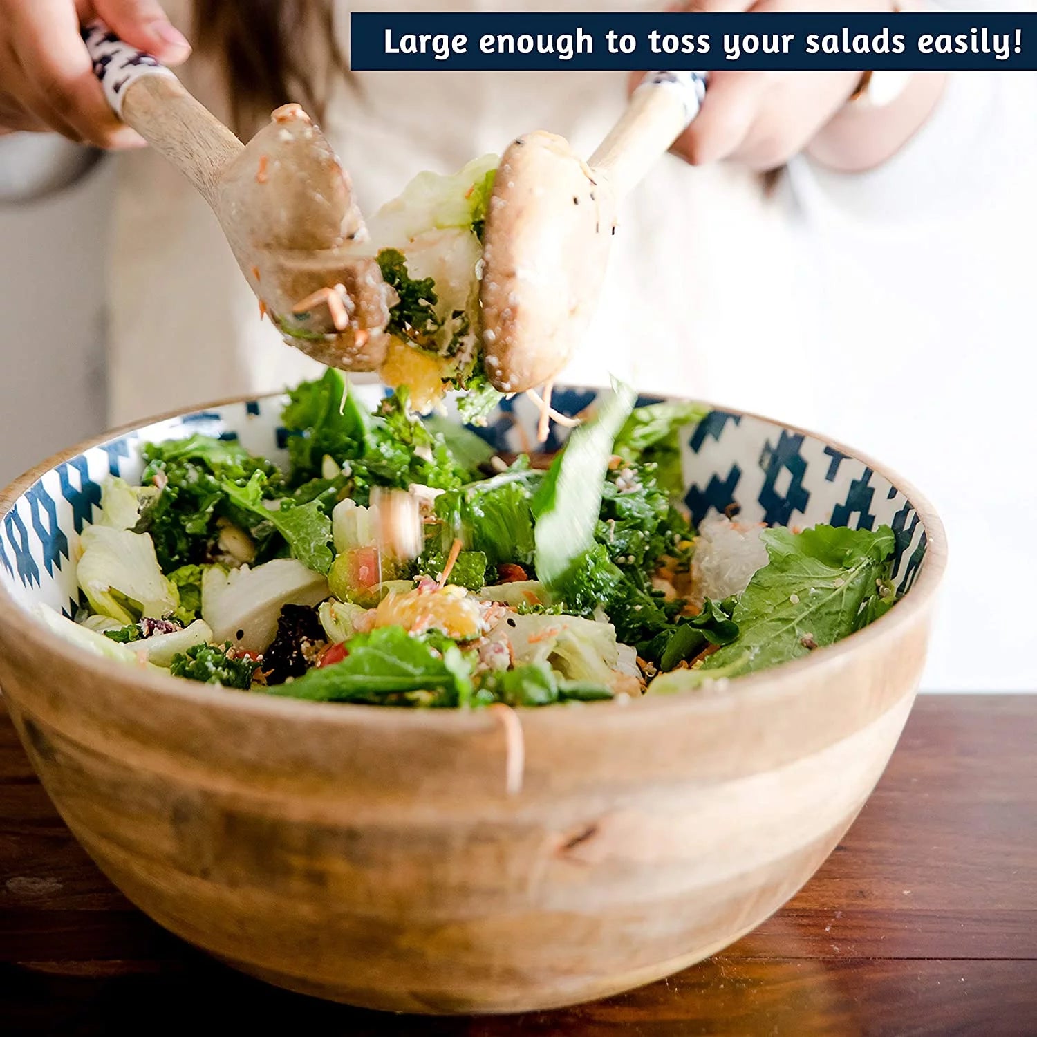Mango Wood Salad Bowl with Serving Tongs L73656