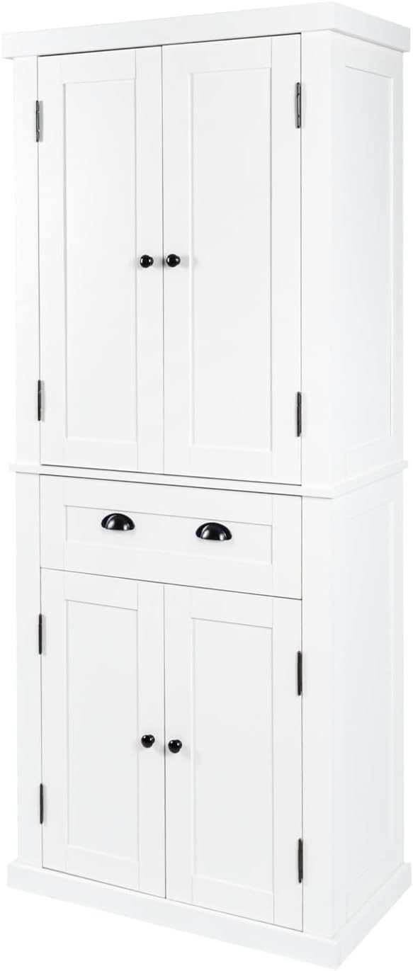 White 4 Door Kitchen Pantry Storage Cabinet with Adjustable Shelves and Drawer D877