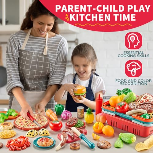 80PC Pretend Food with 2 Kids Picnic Basket, Plastic Food Cutting Toys F5904
