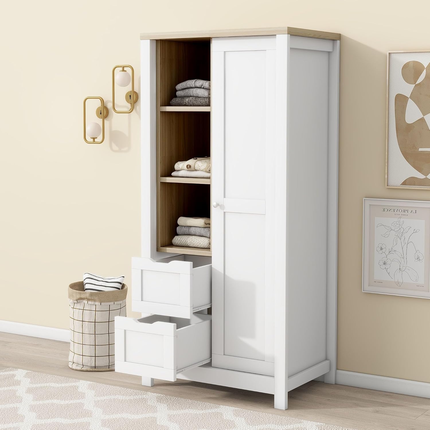 White Freestanding Wooden Wardrobe with 1 Sliding Door and 2 Drawers S1154