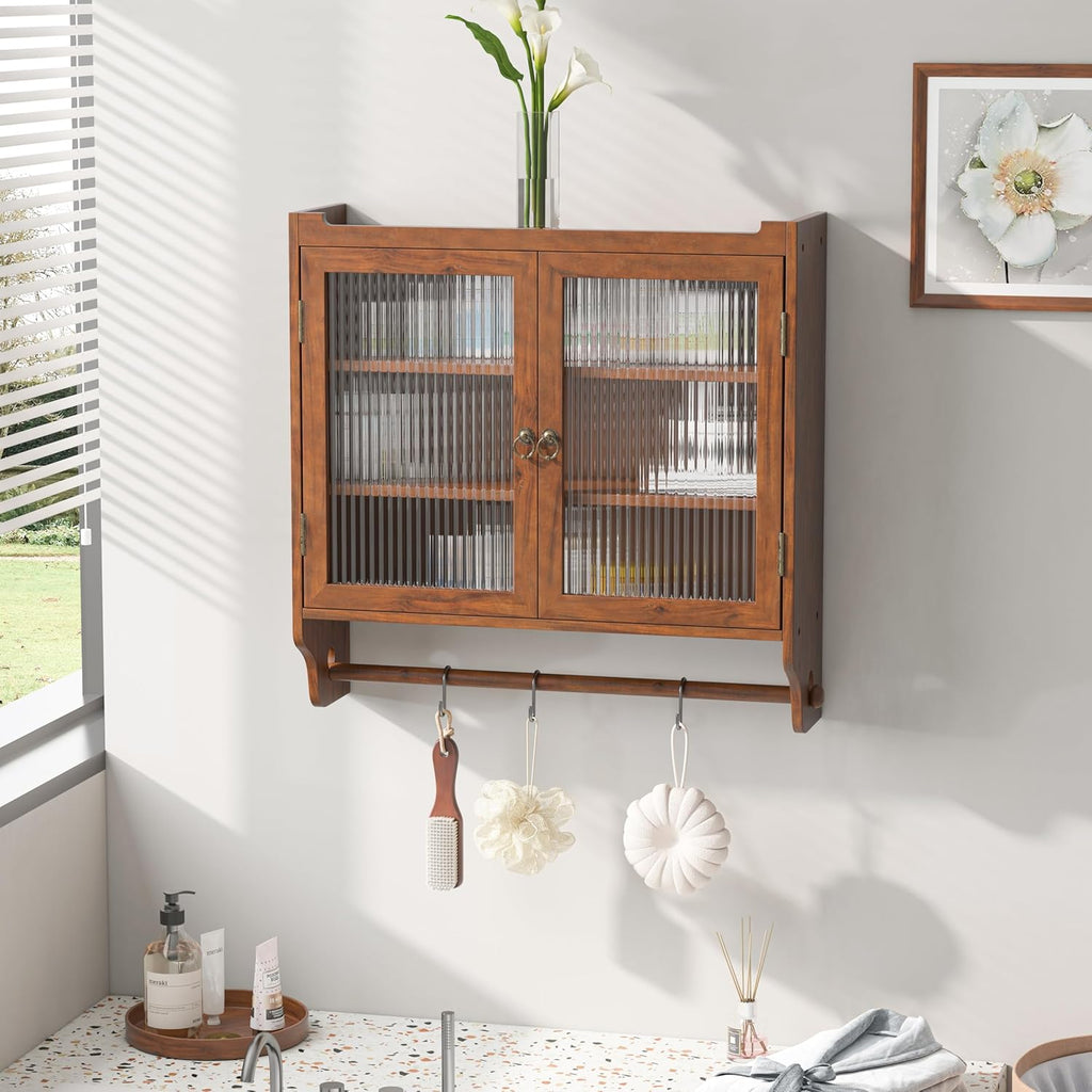 Brown Double Glass Door Wood Wall Cabinet with Detachable Shelves E96558