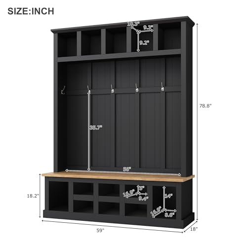 Black Wide Entryway Hall Tree with Storage Bench and 6 Hooks E239481