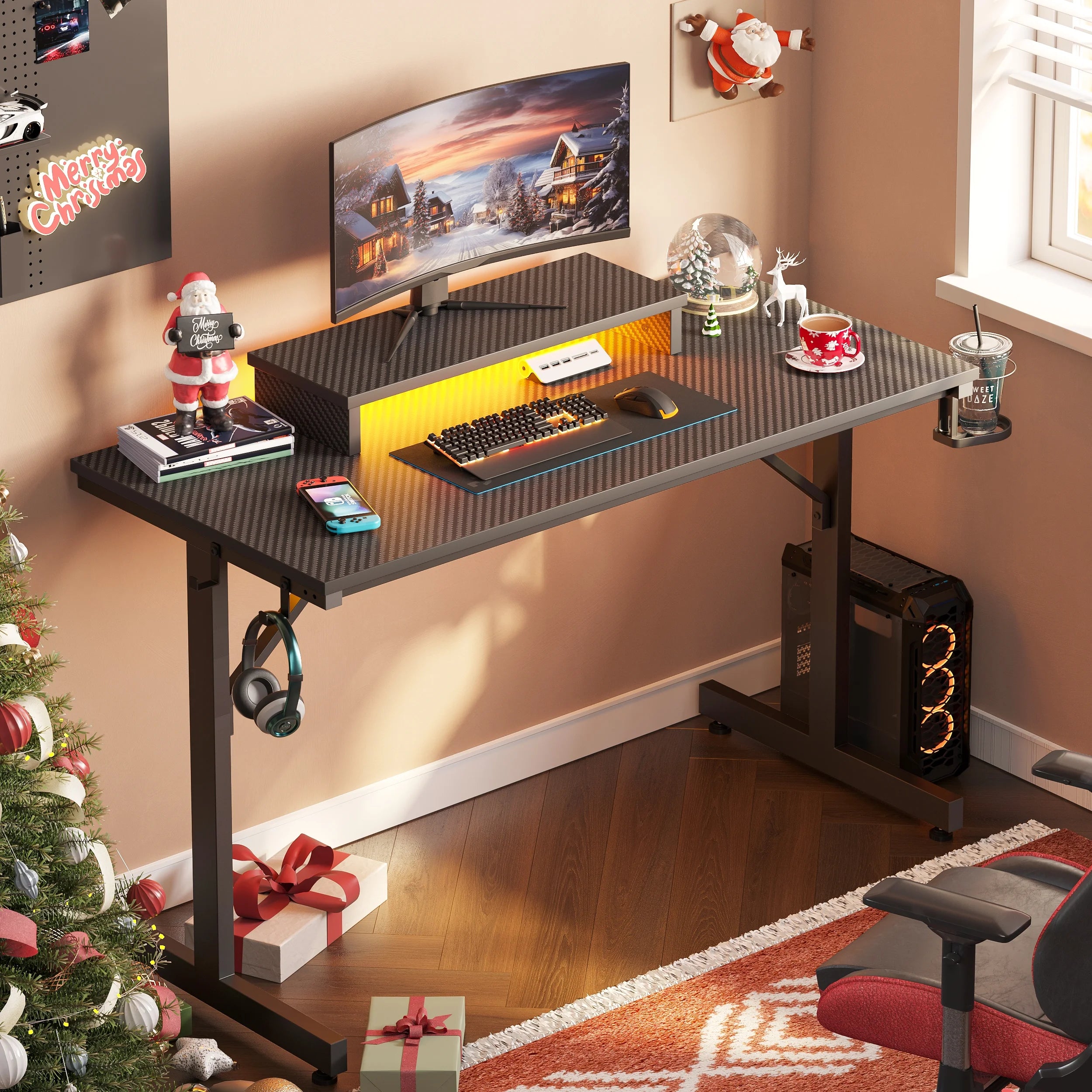 42" Gaming Desk with LED Lights, Monitor Stand, Headphone Hook, Cup Holder in Carbon Fiber Black V548677