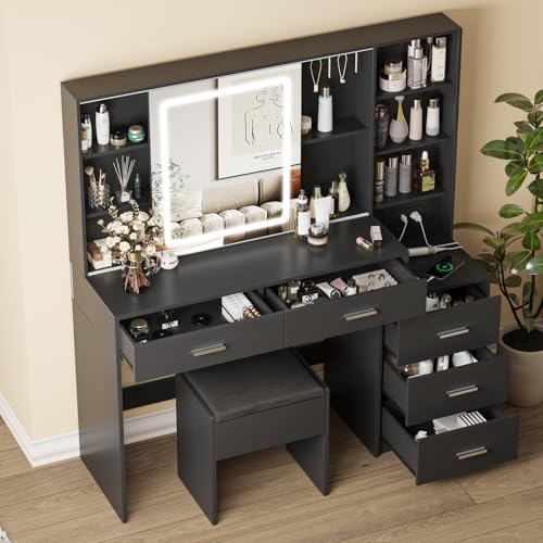 White Vanity Desk with Mirror and Lights 5 Drawers with Chair Y602