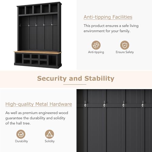 Black Wide Entryway Hall Tree with Storage Bench and 6 Hooks E239481