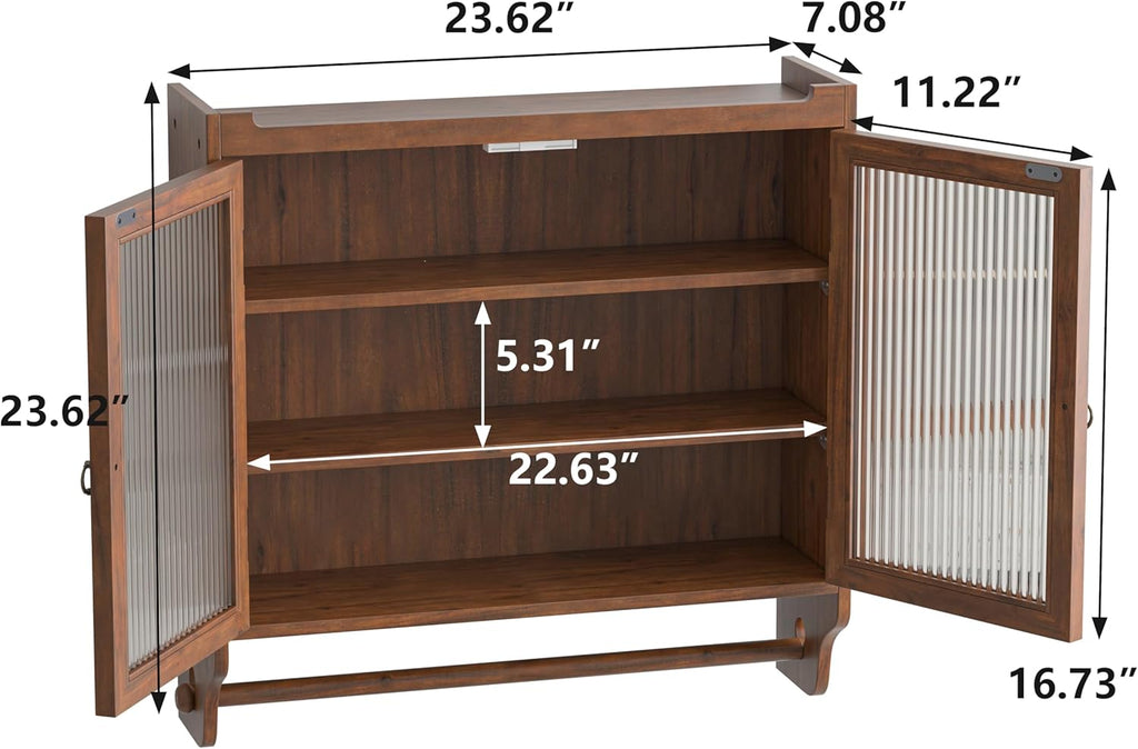 Brown Double Glass Door Wood Wall Cabinet with Detachable Shelves E96558