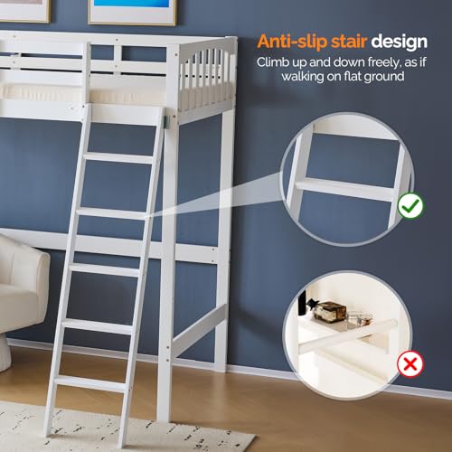 Twin Loft Bed with L-Shaped Desk and 3 Storage Drawers, Solid Wood, White K93929