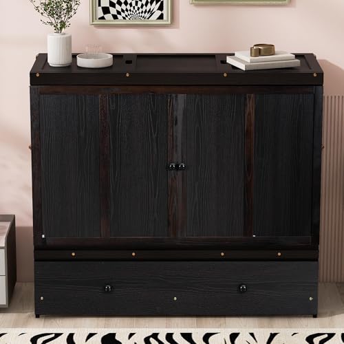 Full Murphy Bed with USB Charging Station and Large Drawer, Wooden Full Size Bed Wall Bed with Storage, Espresso N534511