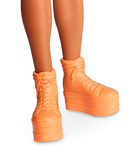 Fully Poseable Fashion Doll with Neon Hair, Neon Overalls, Puffer Jacket, Accessories, and Doll Stand U7661