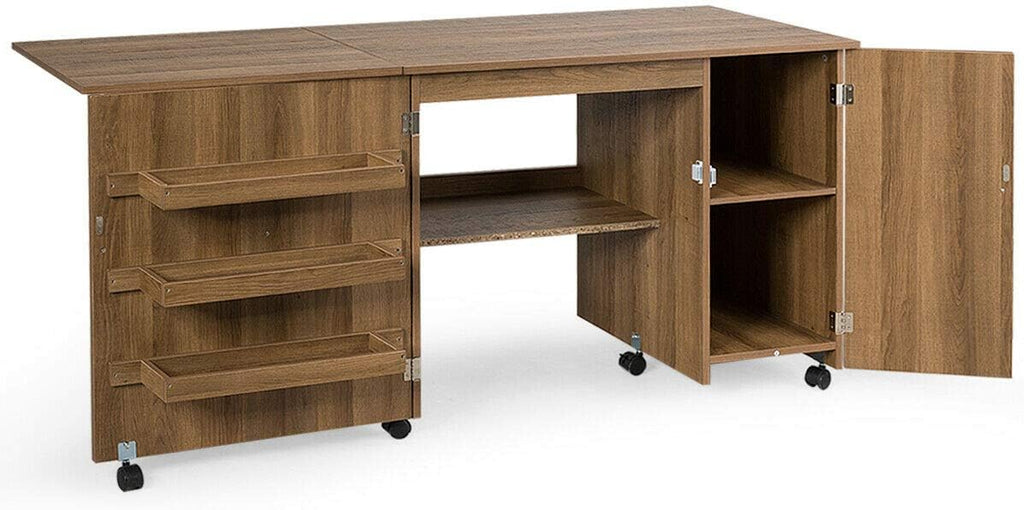 Folding Sewing Craft Table with Storage Cabinet and Wheels Natural O121