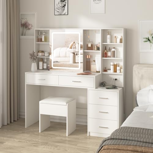White Vanity Desk with Mirror and Lights 5 Drawers with Chair Y602