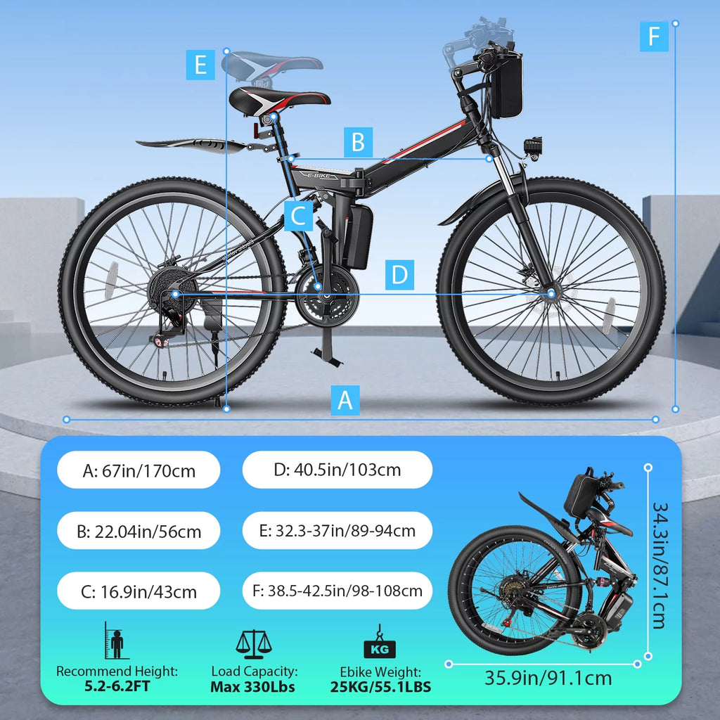 500W 26" Electric Folding Mountain Bike with 48V 7.8Ah Battery, 21 Speed, Full Suspension V81526