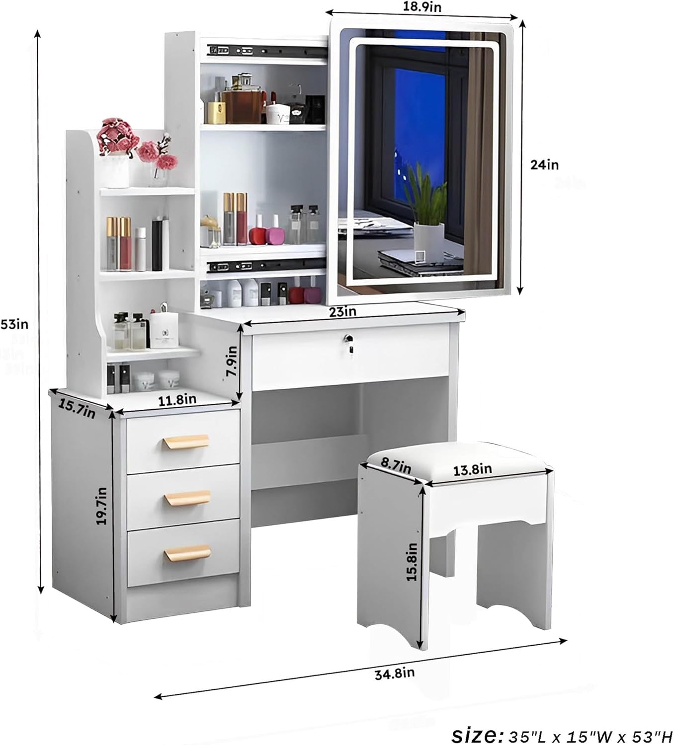 White Vanity Desk with Mirror and Lights, Drawers and Shelves, 3 Color Lighting Adjustable, Stool B354867