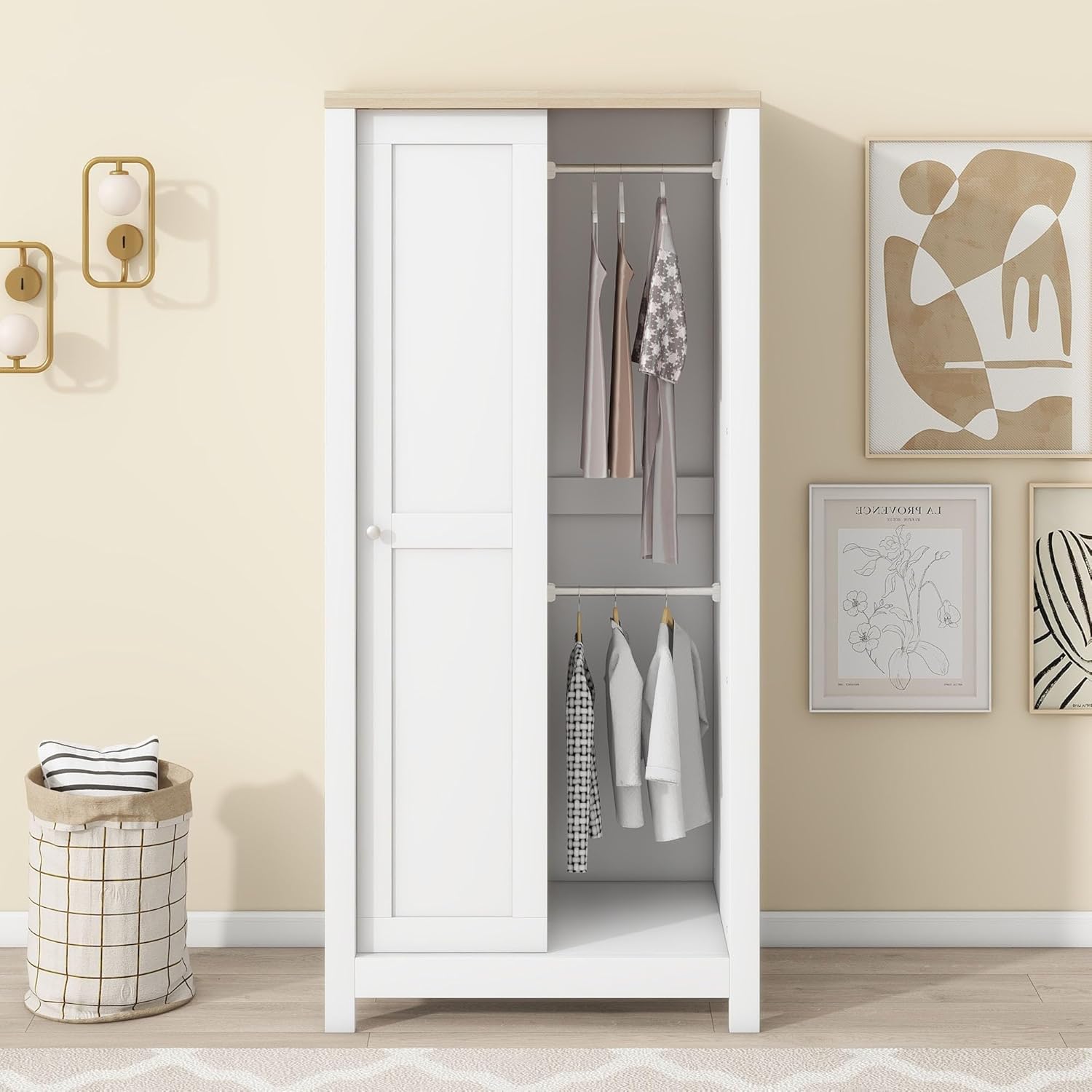 White Freestanding Wooden Wardrobe with 1 Sliding Door and 2 Drawers S1154