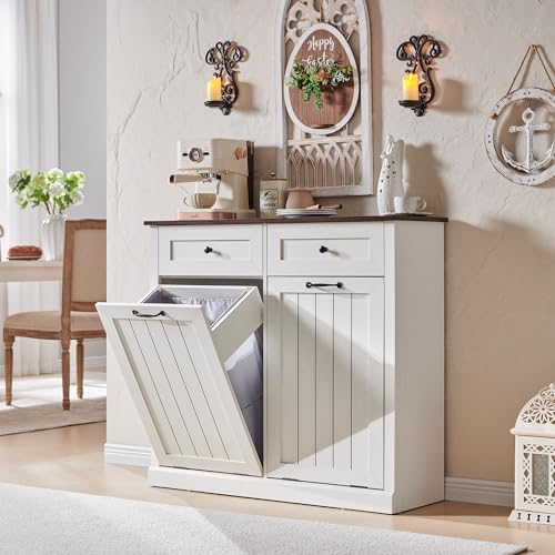 White 10 Gallon Tilt Out Laundry Hamper Cabinet with Drawer P8701