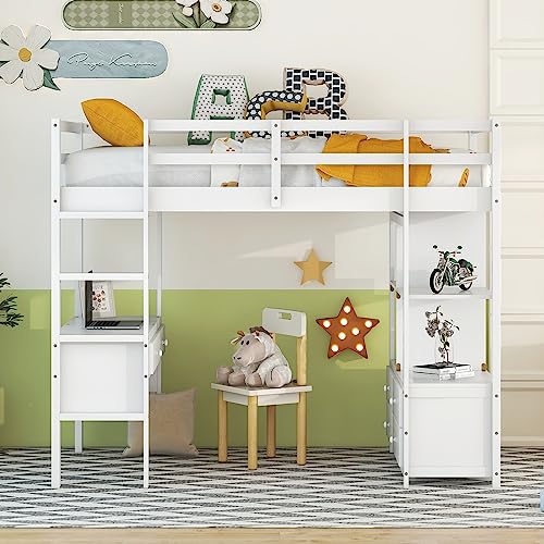 Solid Wood Twin Loft Bed with Desk, Storage Shelves, Drawers, Ladder, Guardrail L246