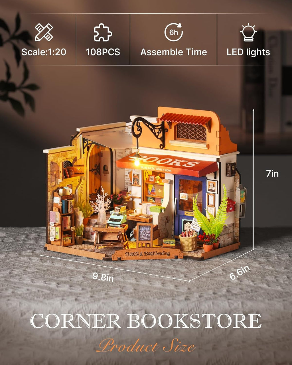 DIY Miniature House Kit 1:20 Scale Bookstore with LED Lights I104