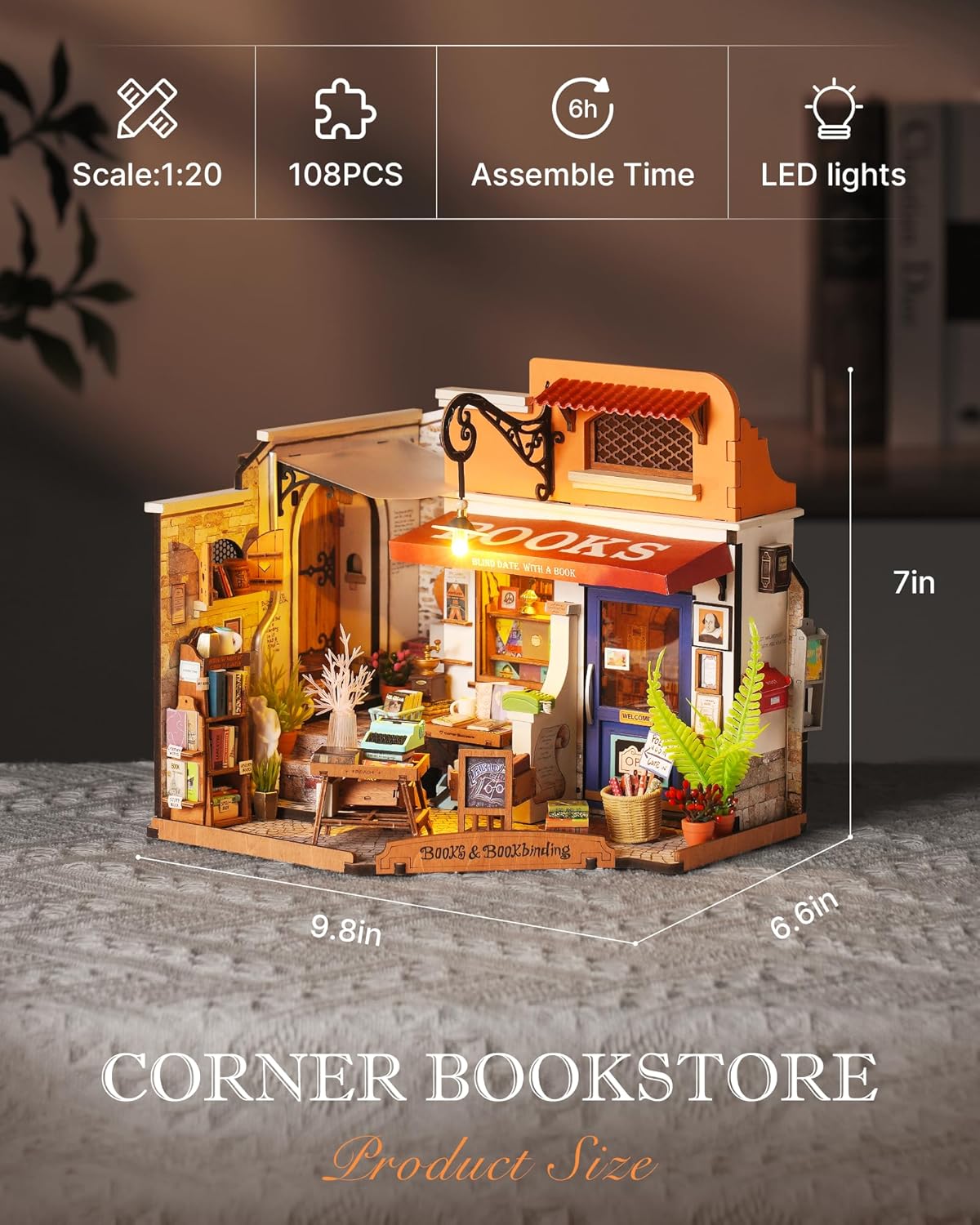 DIY Miniature House Kit 1:20 Scale Bookstore with LED Lights I104