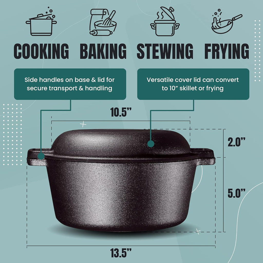 Matte 11-inch Ceramic Large Round Serving Plates and 5 Quart Cast Iron Double Dutch Oven Set with 10 inch Skillet Lid A764