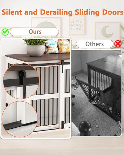84.5" Double Medium Dog Crate Furniture with Drawer and Cabinet, Barn Sliding Doors, Rotatable Dog Bowls Feeder I207