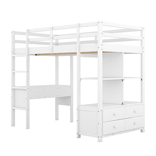 Solid Wood Twin Loft Bed with Desk, Storage Shelves, Drawers, Ladder, Guardrail L246