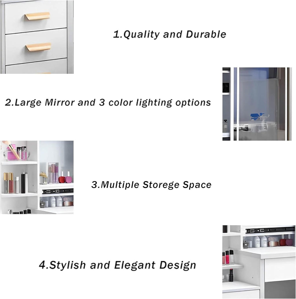 White Vanity Desk with Mirror and Lights, Drawers and Shelves, 3 Color Lighting Adjustable, Stool B354867