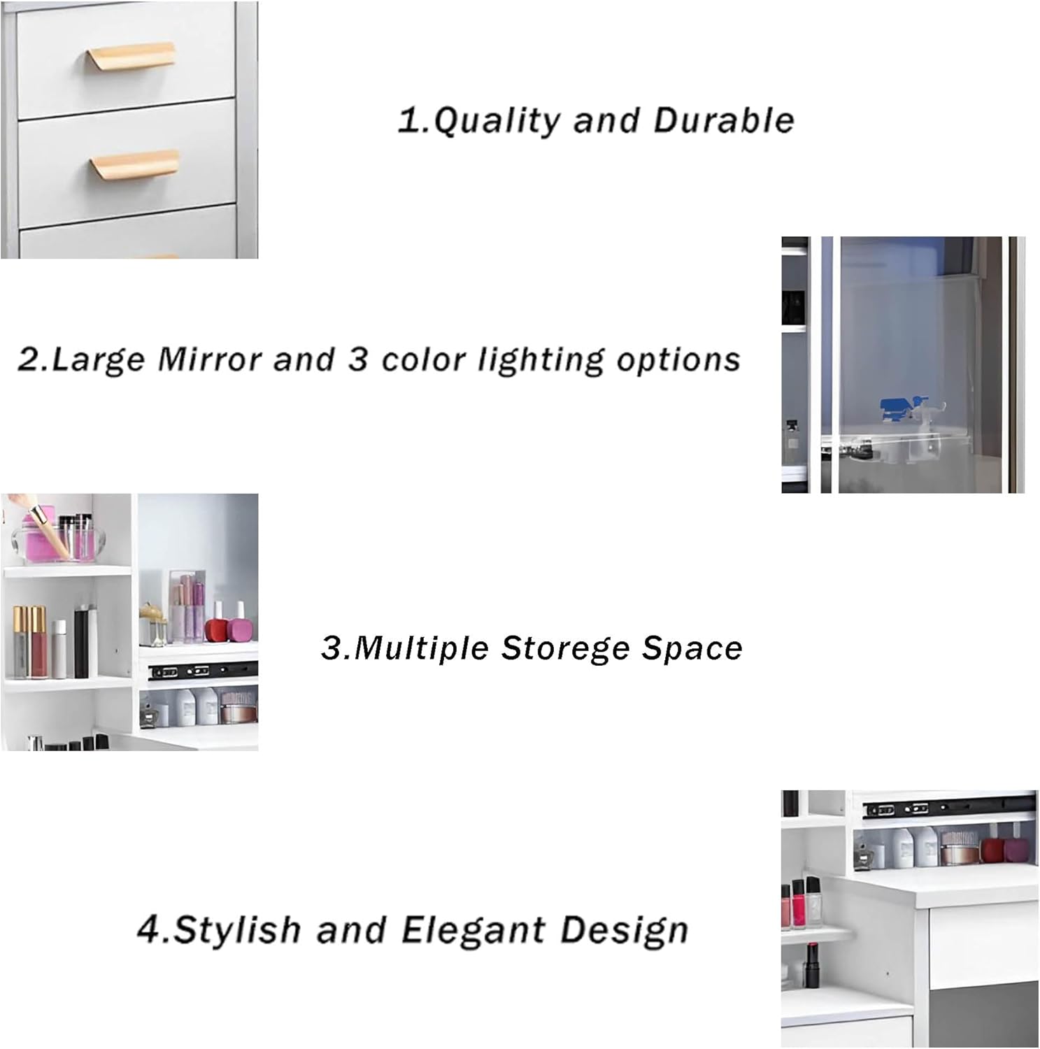 White Vanity Desk with Mirror and Lights, Drawers and Shelves, 3 Color Lighting Adjustable, Stool B354867
