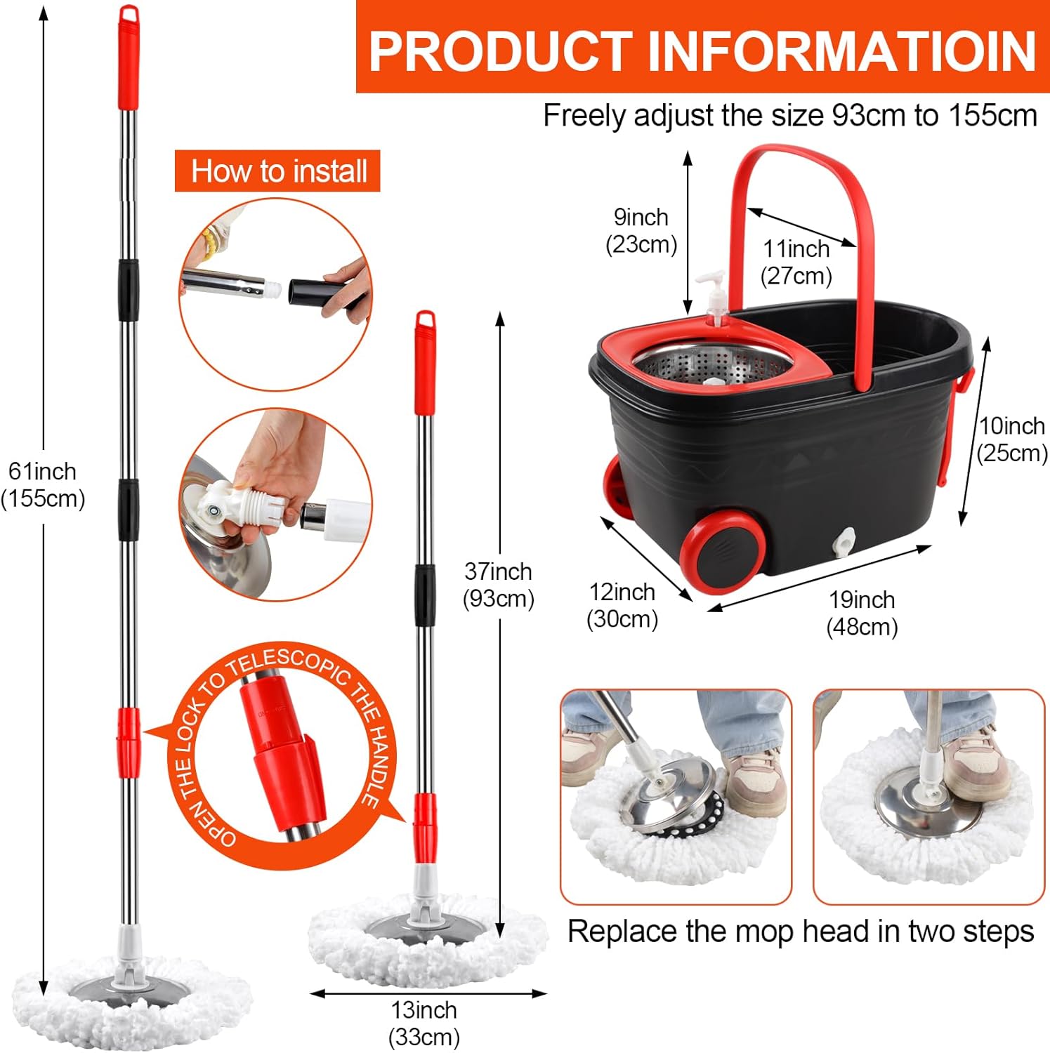 Spin Mop and Bucket with Wringer Set, 360° Rotating Mop Bucket System with 3 Microfiber Mop, Stainless Steel Floor Cleaning System F279